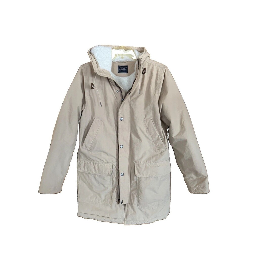 Men’s Abercrombie & Fitch Sherpa Lined Parka Size S Khaki Tan Attached Hood - Picture 1 of 9